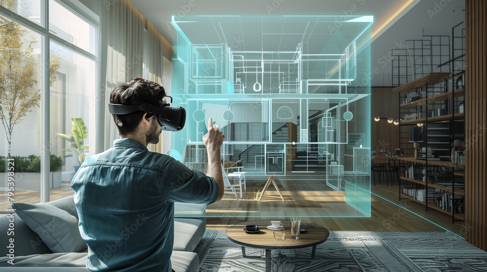 Man uses VR to visualize architecture plans in modern room