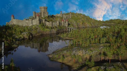 Medieval castle built on a hill in a forest landscape with a bridge over a large lake leading to the entrance. 3D render.