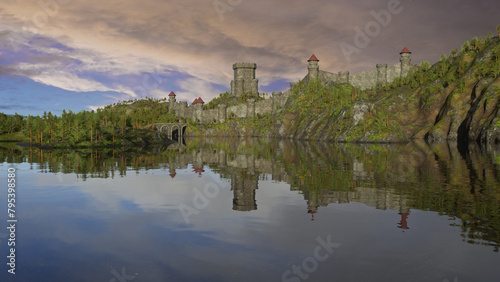 Large lake in front of a medieval castle on a hill reflected in the water. 3D rendered illustration.