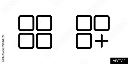 2x2 grid squares, category, menu with add option, plus sign vector icons in line style design for website, app, UI, isolated on white background. Editable stroke. Vector illustration.