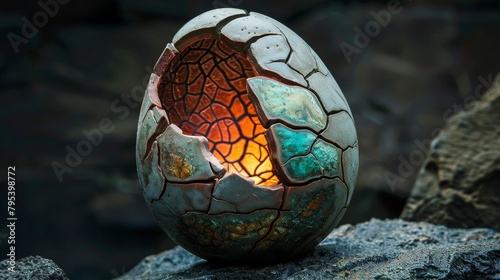 A glowing dragon egg sits on a bed of rocks.