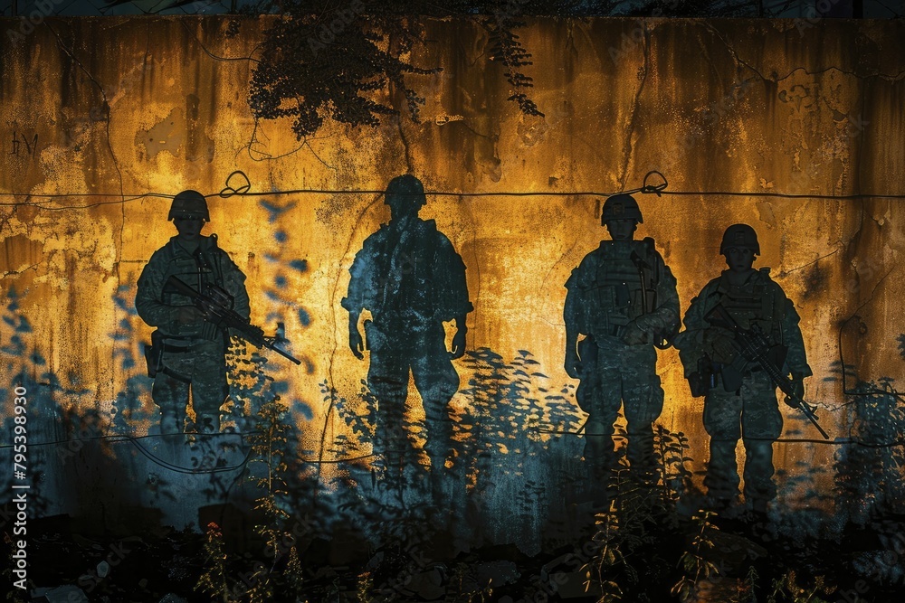 Shadows of soldiers dance mysteriously on a wall embellished with Memorial Day decor, captured in chiaroscuro style.