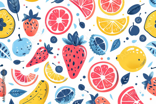 A variety of fresh fruit, including apples, bananas, oranges, and grapes, is scattered on a clean white background in a doodle illustration pattern