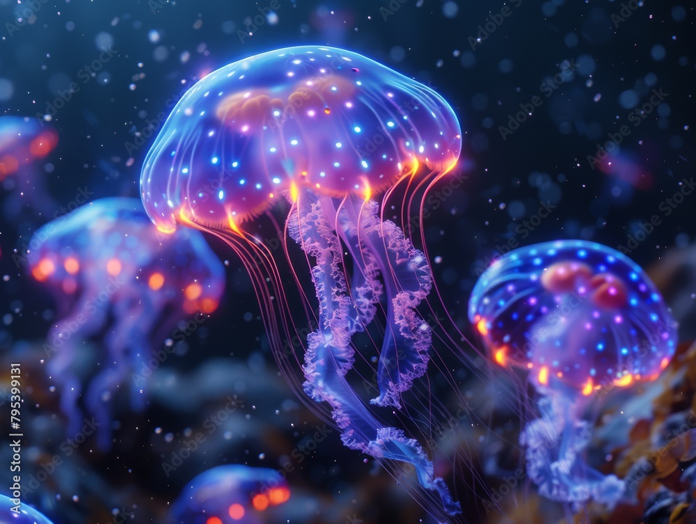 A glowing jellyfish with blue and purple lights.