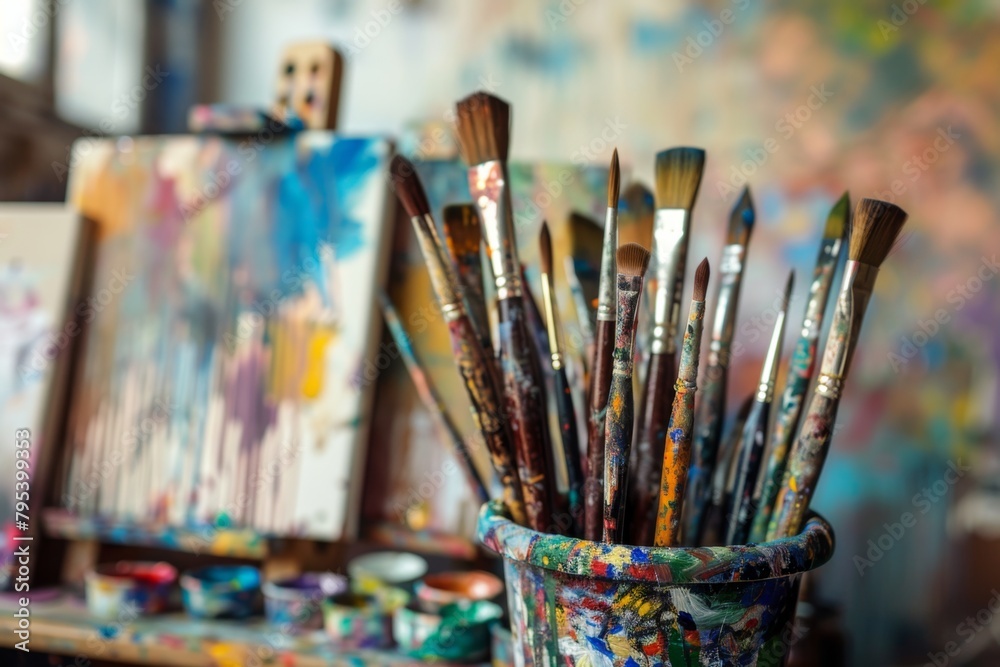 Many brushes in a cup on a table. Art studio background Many brushes in a cup on a table. Art studio background