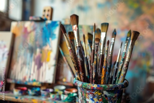 Many brushes in a cup on a table. Art studio background 