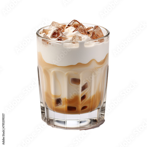 a glass of coffee with ice and brown liquid