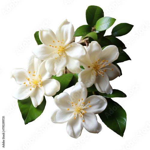 a group of white flowers with green leaves on a wood surface