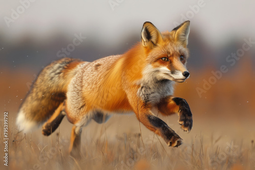 A red fox pouncing on an unsuspecting rodent in the meadows at dusk,