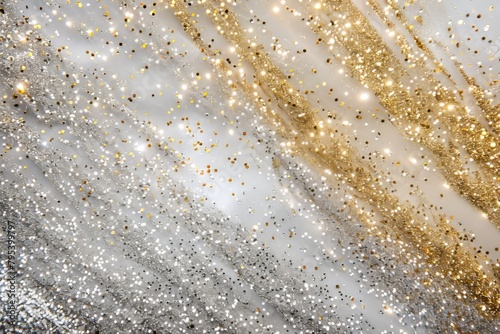 Dazzling silver and gold sparkles intermingling on a transparent white background, adding opulence and richness