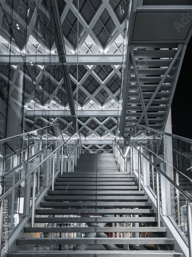 stair case in a building with metal railings 