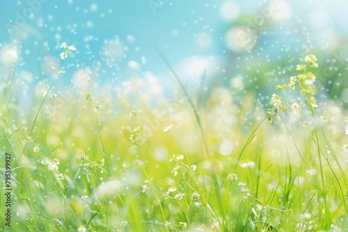 Spring Abstract Background. Sunny Meadow Blur with Blue Sky Gradient