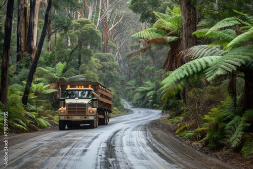 Timber Truck Haulage in Australian Forest: Eucalyptus Trees and Ferns in Victoria, Australia photo