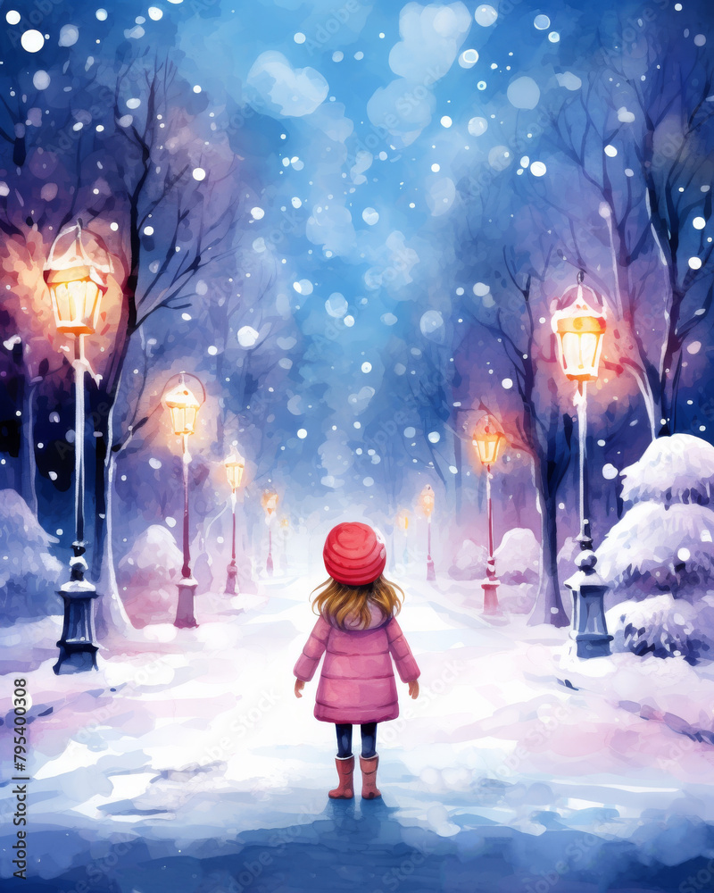 A young child in a pink coat and red hat takes a magical evening stroll down a lantern-lit path, surrounded by falling snow and a tranquil winter atmosphere.