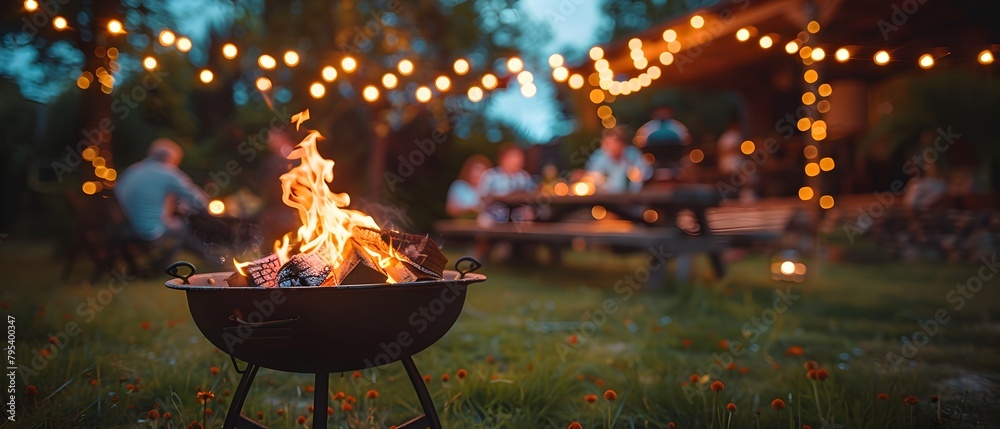 Warm Summer Night with Campfire and String Lights in a Backyard Gathering - Generative AI Warm Summer Night with Campfire and String Lights in a Backyard Gathering - Generative AI