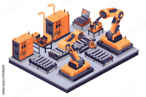 Factory image   Factory robot arm  which shows automation equipment. Metal Factory  automated machine  workers adjusting the machinery  work on progress factory.