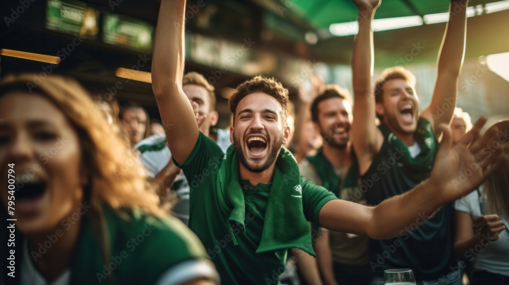 Fototapeta premium Group of cheerful male and female friends Happy for my beloved team to win.