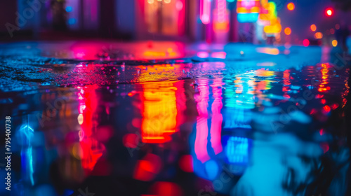 Multi-colored neon lights in a puddle on a dark city street  reflection of neon color. Night city. Abstract night background.