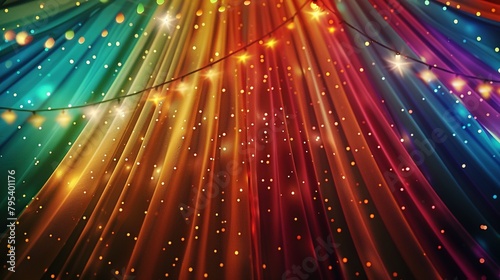 Colorful multi colored circus tent background and twinkling lights with space for copy