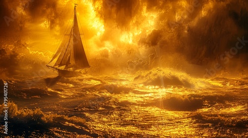 A golden galleon ship sails through a stormy sea. photo