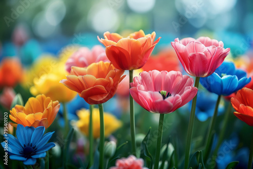 A spring garden bokeh  flowers in the foreground with a wash of colors diffused in the background 