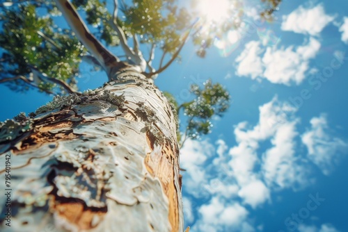 Low-angle shot of a tall tree growing in a forest on a sunny day. Beautiful simple AI generated image in 4K, unique.