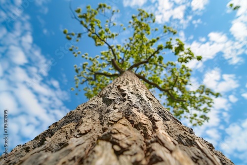 Low-angle shot of a tall tree growing in a forest on a sunny day. Beautiful simple AI generated image in 4K, unique.