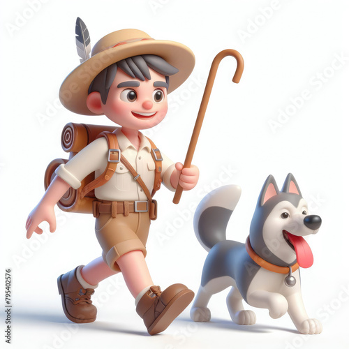 A young boy is walking with a dog and a stick. The boy is wearing a hat and a backpack. The scene is set in a natural environment, with the boy