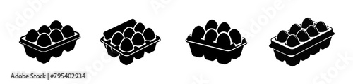 Set of Egg cartons with eggs. Black silhouettes. Black and white egg boxes graphic illustration. Icon, sign, pictogram. Concept of food storage, kitchen essentials, grocery. Isolated on white backdrop