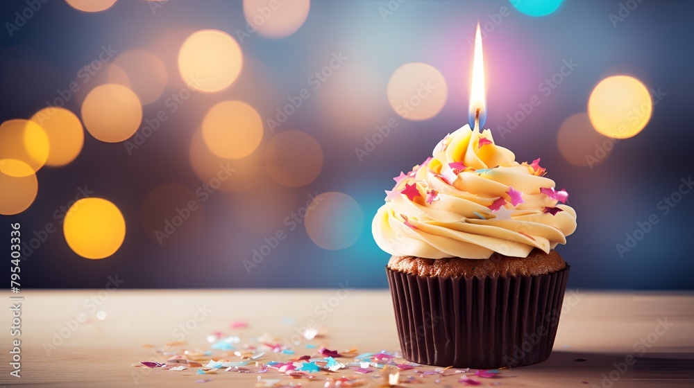A cupcake with a lit candle on a table with a blurred background