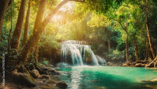 panoramic beautiful deep forest waterfall in thailand © Kira