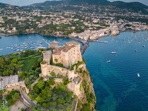 Aerial view of Ischia bridge and Aragonese castle. Ischia an island in Naples