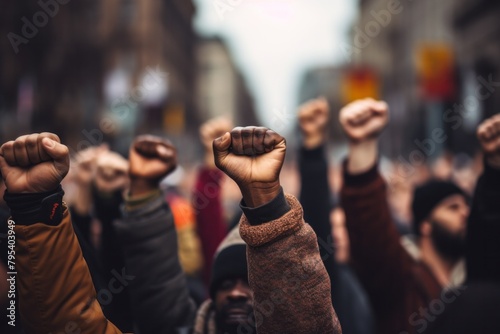 Close-up of a large group of people raising their fists. The background is modern buildings and structures. photo