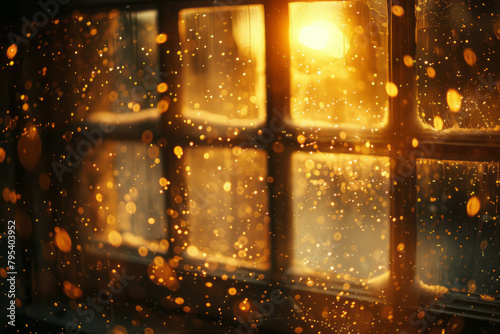 A vintage bokeh with sepia tones, light filtering through an old window, dust particles floating, photo