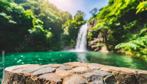 stone table top podium floor in outdoor waterfall green tropical forest nature background natural water product present placement pedestal counter display spring summer jungle paradise concept