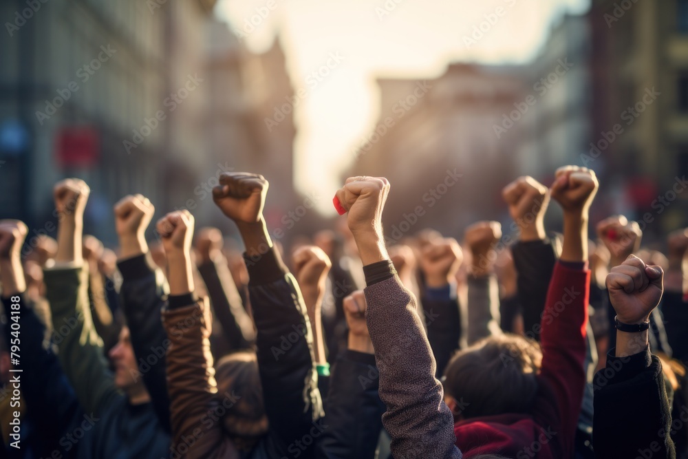 Close-up of a large group of people raising their fists. The background is modern buildings and structures.