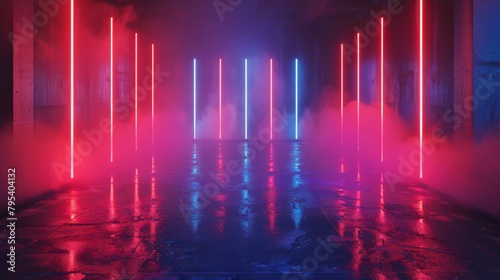 Mystical Neon Lights in Misty Industrial Hall