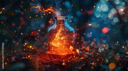 A jar with a magical firefly captured inside. The firefly is glowing brightly, illuminating the jar and the surrounding area. The jar is sitting on a bed of soft moss, surrounded by tall grass and flo photo