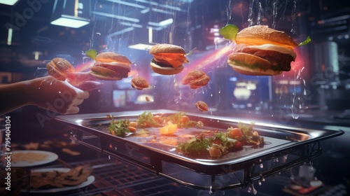 Capture the marriage of Futuristic Technologies and Culinary Arts in a mesmerizing aerial view Showcase a hovering drone over a chef artistically creating a dish with digital tools Blend cyberpunk aes photo