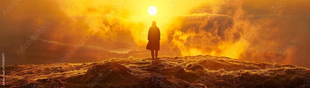 A lone figure stands on a hilltop, gazing at the rising sun, its golden light symbolizing a new chapter dawning on New Years Day