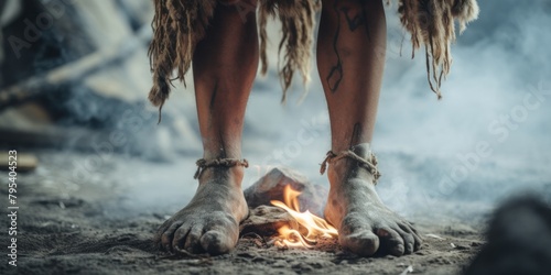 The legs of a prehistoric tribal leader. Stand by the fire near the cave dwelling. early human society photo