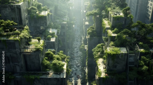 Delve into an overgrown concrete jungle seen from above, blending nature reclaiming urban spaces with a hint of mystery Utilize digital techniques to depict sun-dappled foliage intertwining with decay