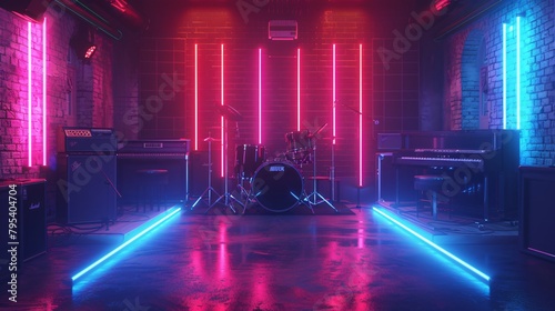 Neon-Lit Music Studio with Drum Set and Amplifiers photo