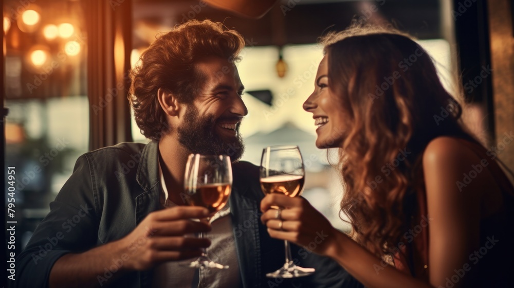 Couple clinking champagne glasses smile happily Elegant and beautiful coffee shop background