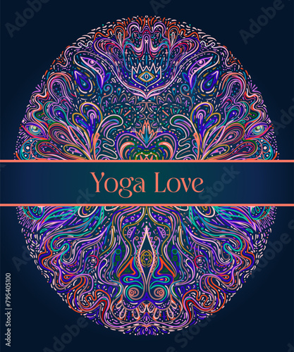 Stretch and Strength. Yoga card, flyer, poster, mat design. Colorful template for spiritual retreat or yoga studio. Ornamental business cards, oriental pattern. Vector illustration