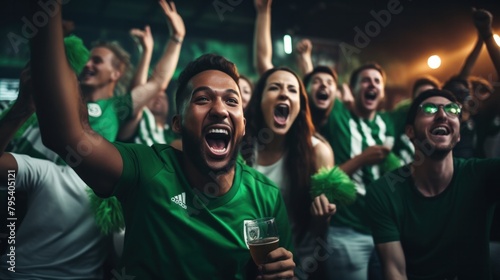 Excited soccer fans celebrate while watching soccer matches on TV during the World Cup in a bar. happily