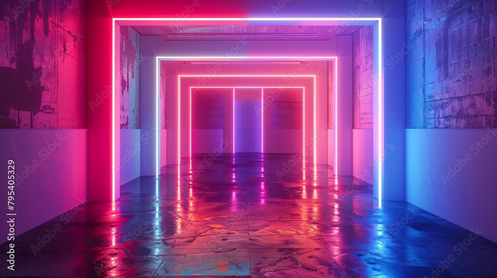 Vibrant Neon Frame Hallway in Modern Building Vibrant Neon Frame Hallway in Modern Building