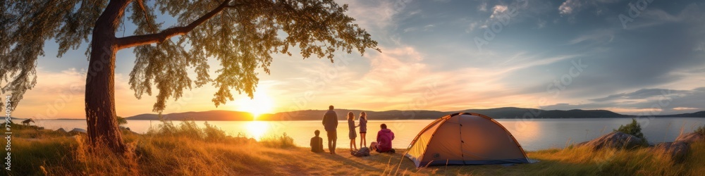 family vacation Camping with a tent amid nature at sunset Man and children near the seashore See the view at sunset