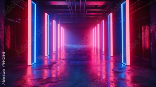 Vibrant Neon Light Columns in Modern Corridor
