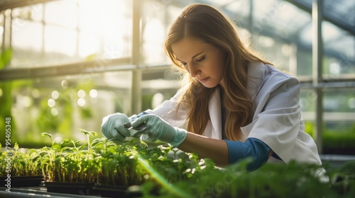 Female experimenter carefully examines plant samples during quality inspection in a greenhouse. photo
